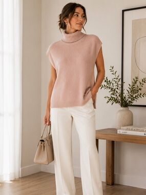 Elise Sleeveless Angora Mohair Turtleneck Sweater Vest Mauve M Quiet Luxury Glam